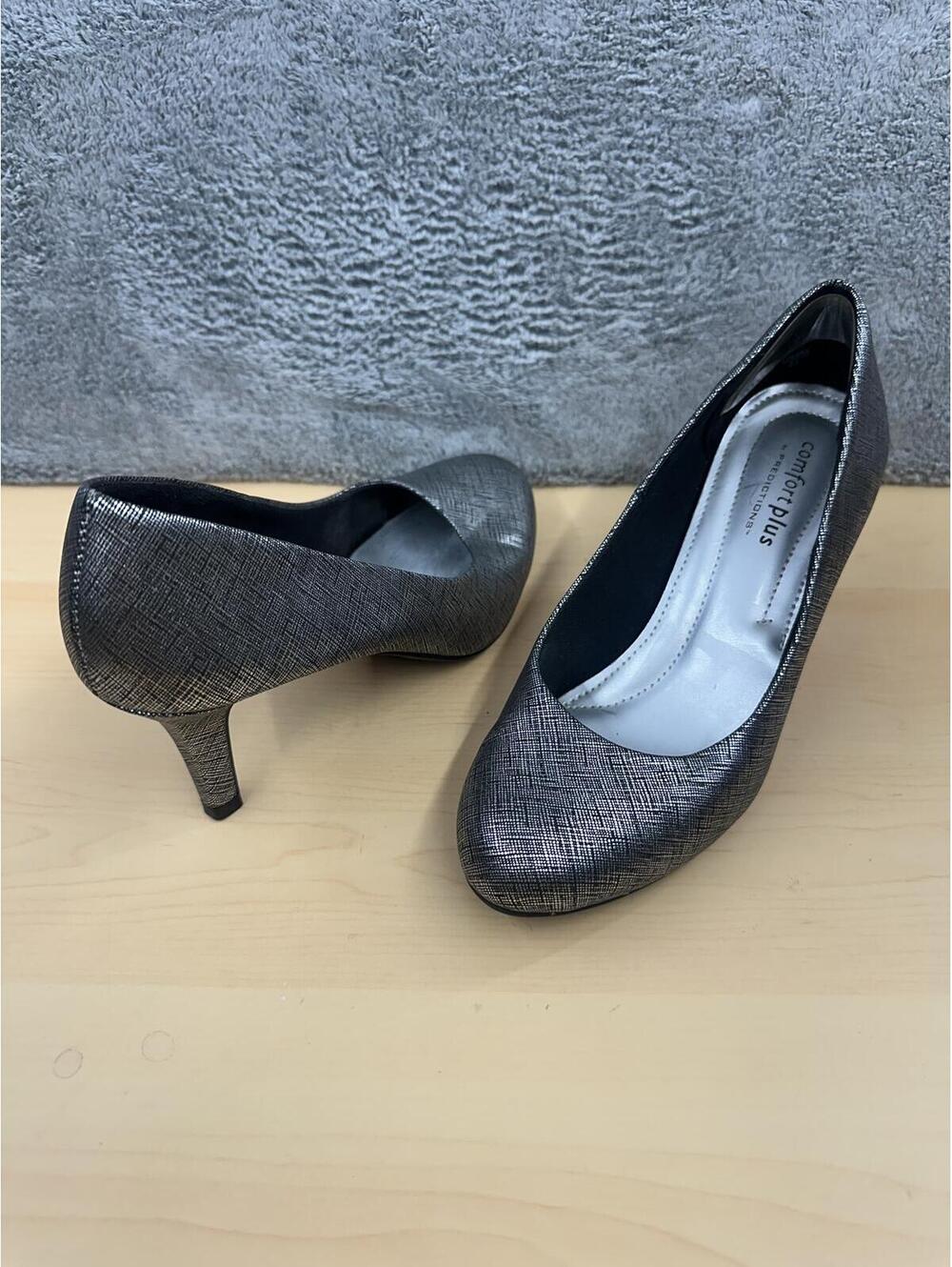Comfort Plus Metallic Textured Pumps Silver Black Heels
